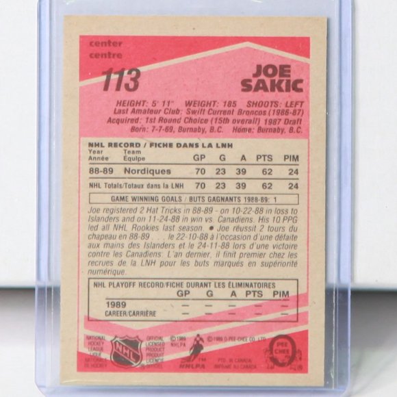 Joe Sakic Quebec Nordiques O-Pee-Chee Rookie Card #113 - Picture 2 of 4